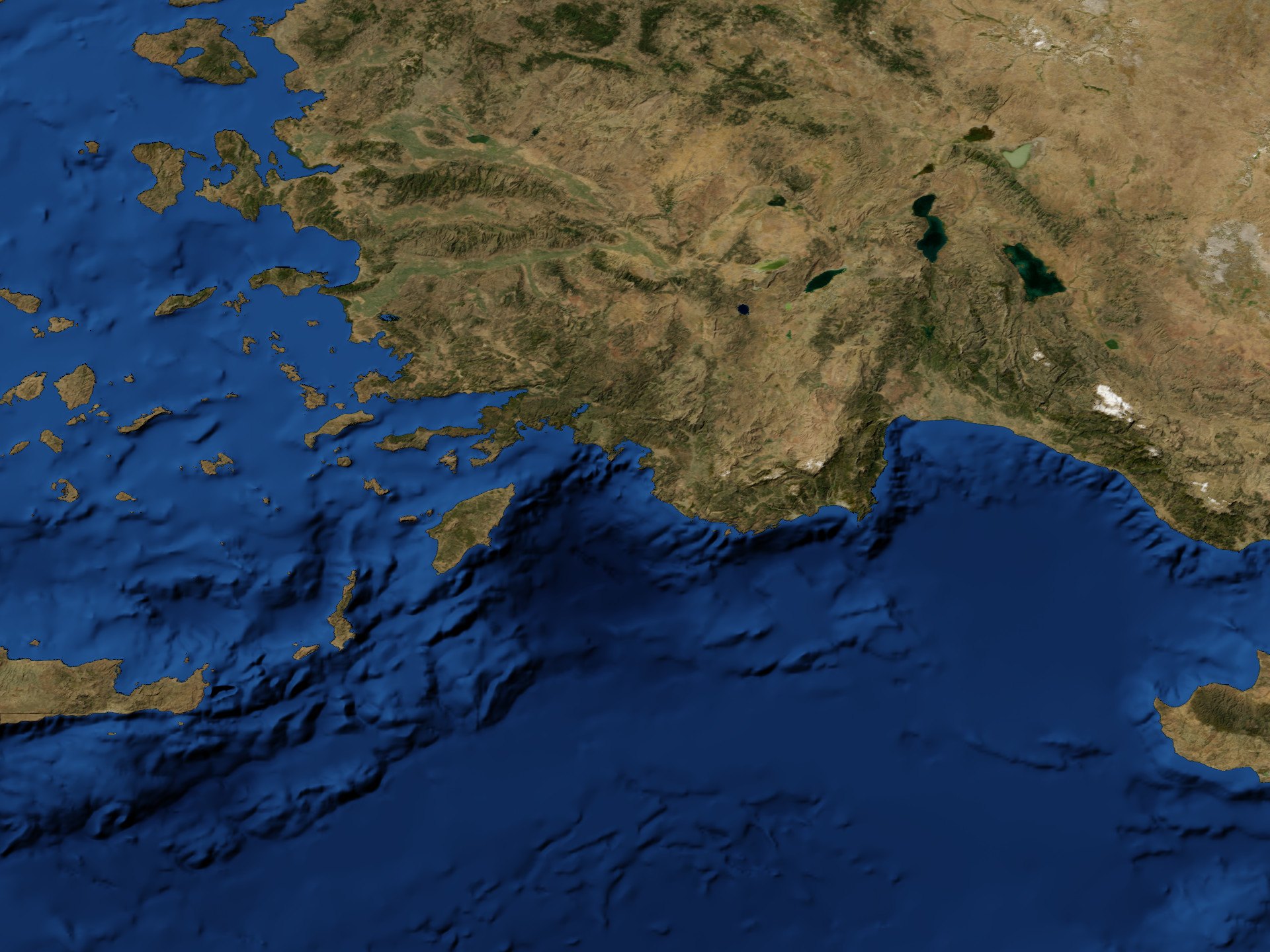 Satellite view of the Gulf of Fethiye on Turkey's Aegean coast, with a pin on the town.